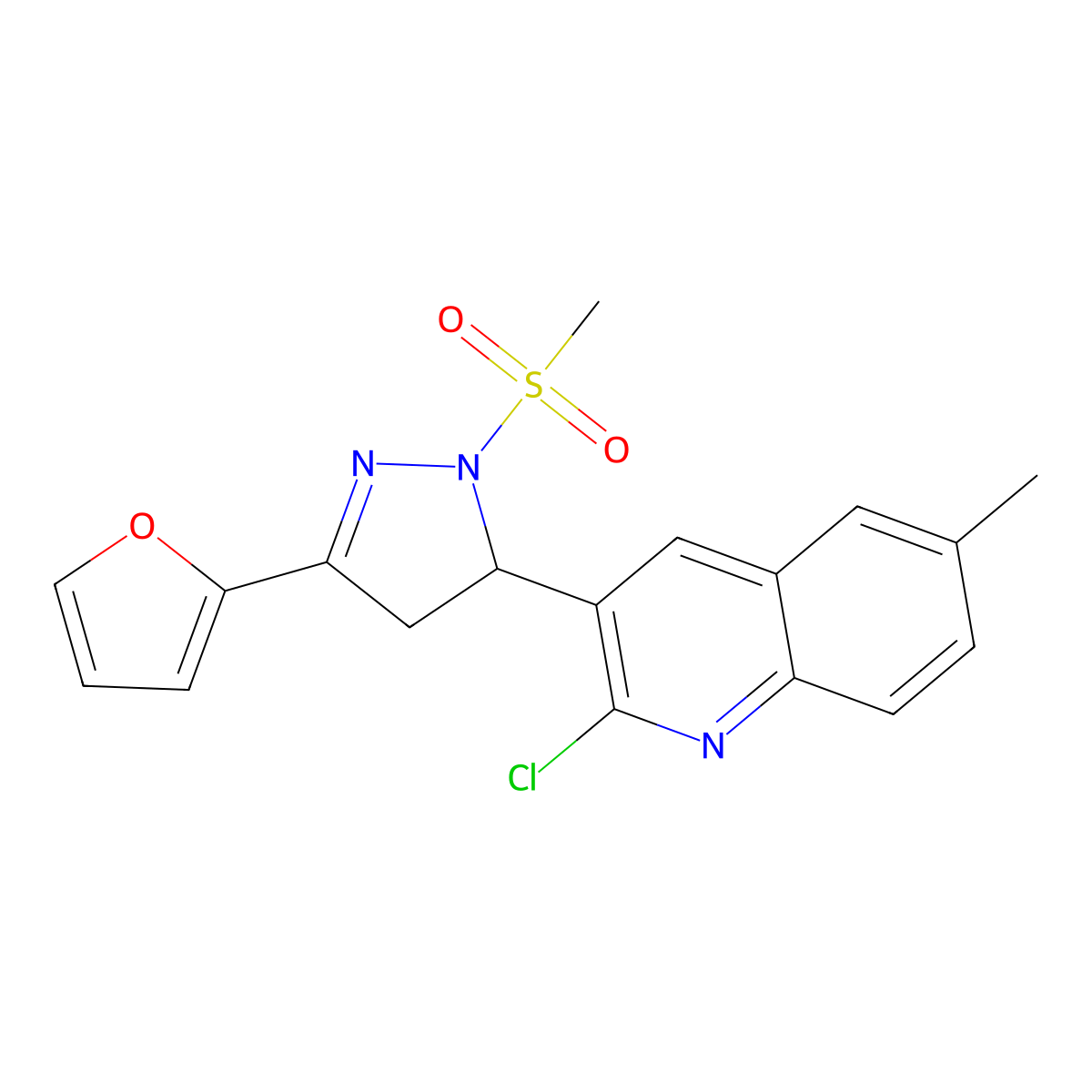 2-chloro-3-(3-(furan-2-yl)-1-(methylsulfonyl)-4,5-dihydro-1H-pyrazol-5-yl)-6-methylquinoline molecular structure, CAS 797799-74-7
