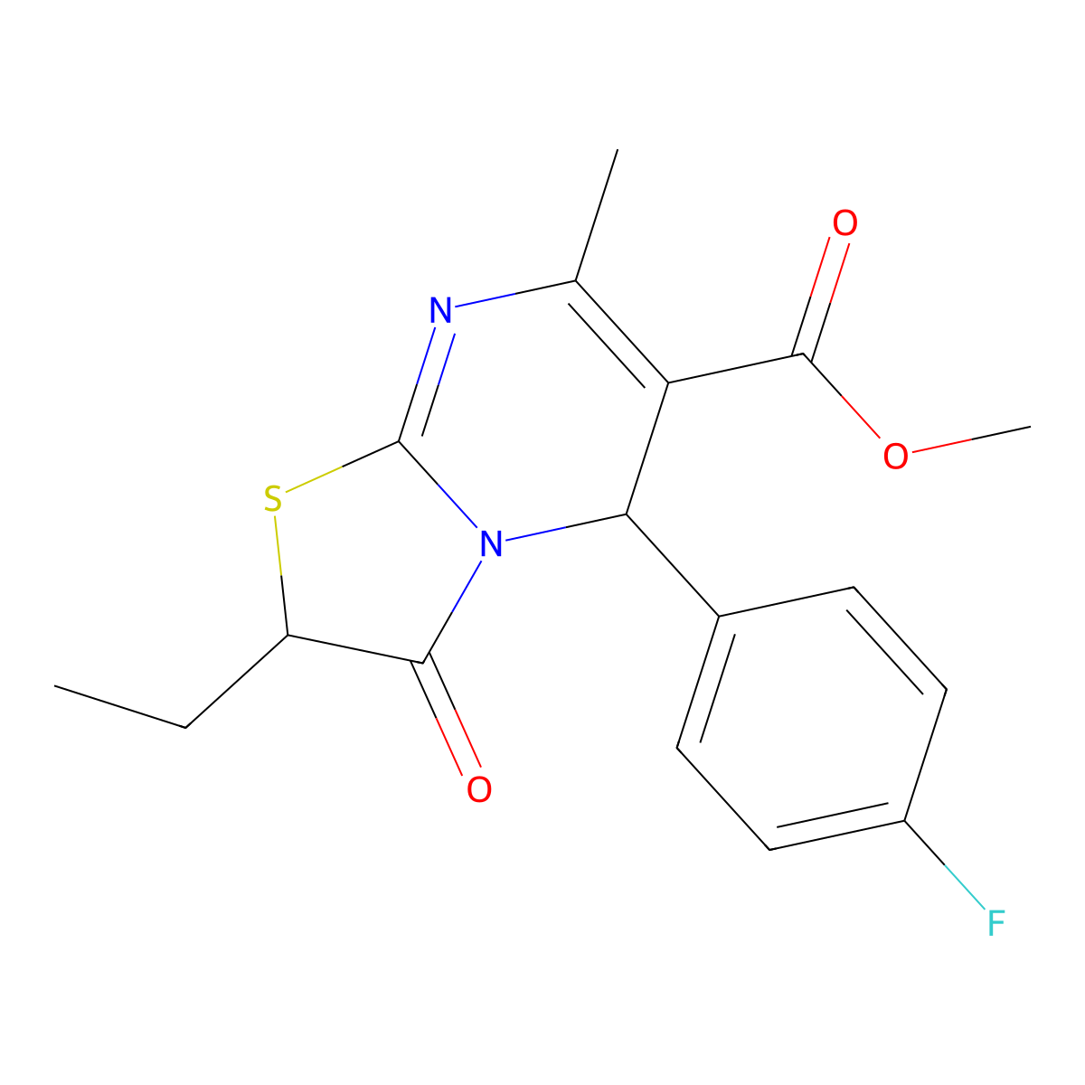 methyl 2-ethyl-5-(4-fluorophenyl)-7-methyl-3-oxo-2,3-dihydro-5H-[1,3]thiazolo[3,2-a]pyrimidine-6-carboxylate molecular structure, CAS 797806-05-4