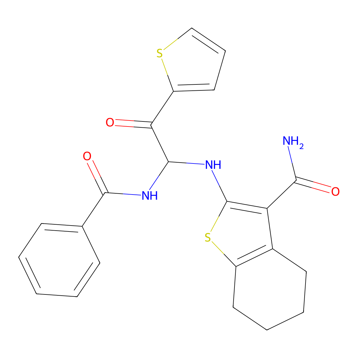 2-({2-Oxo-1-[(phenylcarbonyl)amino]-2-(thiophen-2-yl)ethyl}amino)-4,5,6,7-tetrahydro-1-benzothiophene-3-carboxamide molecular structure, CAS 797809-93-9