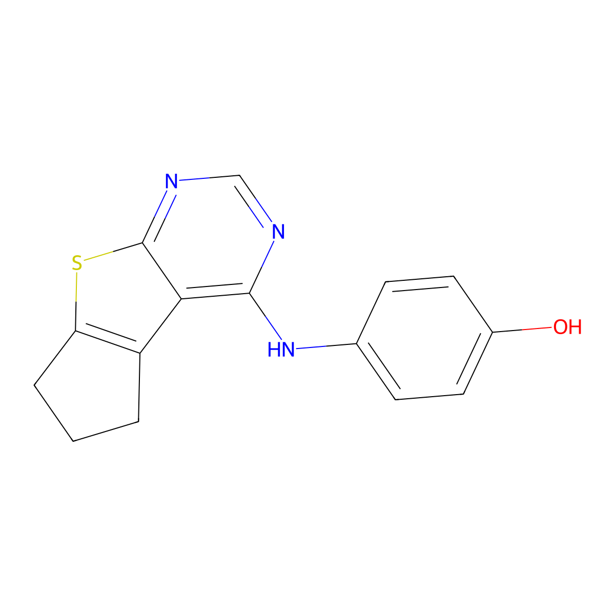 4-((6,7-dihydro-5H-cyclopenta[4,5]thieno[2,3-d]pyrimidin-4-yl)amino)phenol molecular structure, CAS 797813-93-5