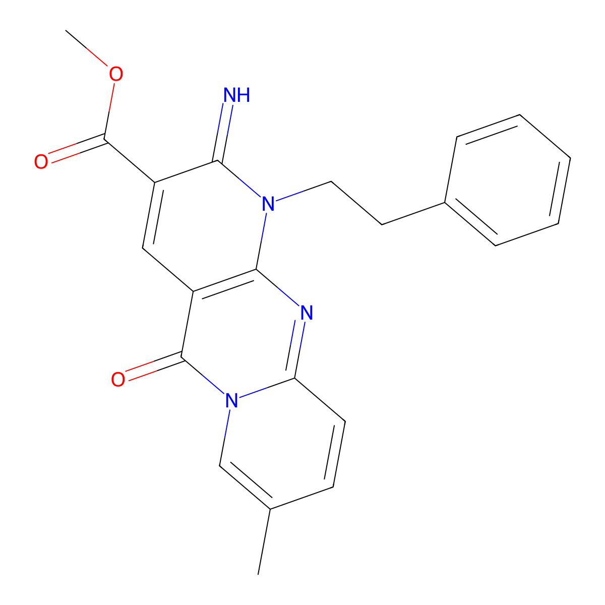 Methyl 6-imino-13-methyl-2-oxo-7-(2-phenylethyl)-1,7,9-triazatricyclo[8.4.0.0^{3,8}]tetradeca-3(8),4,9,11,13-pentaene-5-carboxylate molecular structure, CAS 797814-56-3