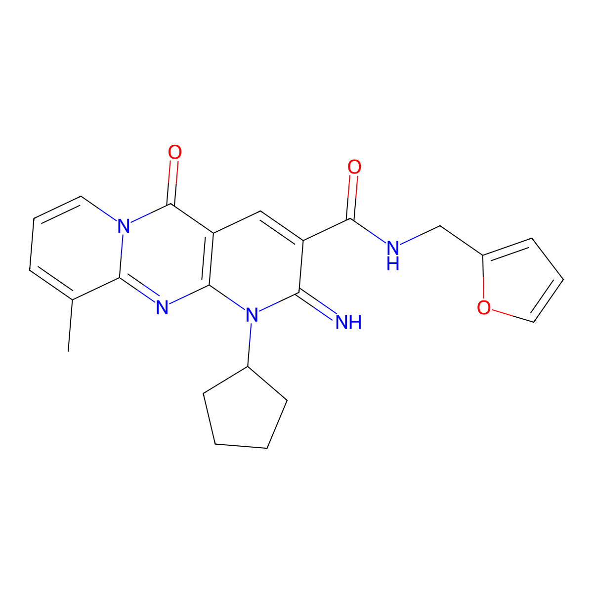 1-Cyclopentyl-2-imino-8-methyl-10-oxo-1,10-dihydro-2H-1,9,10a-triaza-anthracene-3-carboxylic acid (furan-2-ylmethyl)-amide molecular structure, CAS 797814-68-7