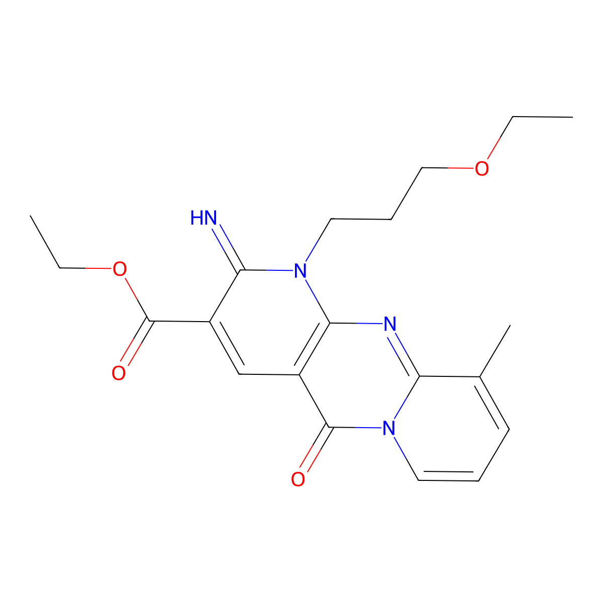 Ethyl 7-(3-ethoxypropyl)-6-imino-11-methyl-2-oxo-1,7,9-triazatricyclo[8.4.0.03,8]tetradeca-3(8),4,9,11,13-pentaene-5-carboxylate molecular structure, CAS 797814-74-5