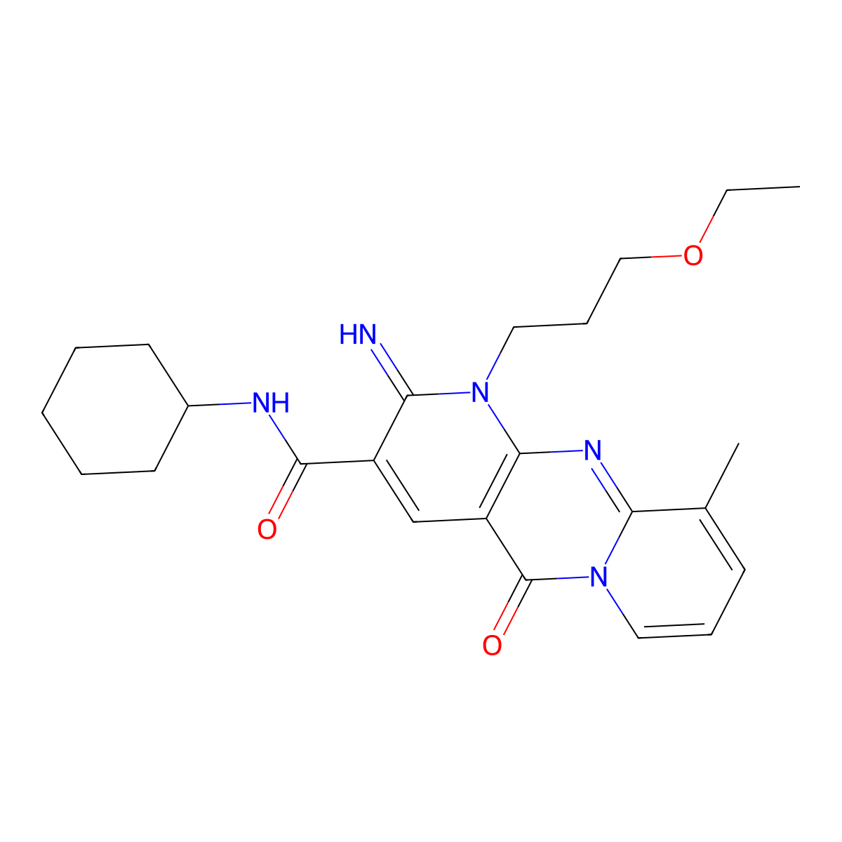 N-cyclohexyl-7-(3-ethoxypropyl)-6-imino-11-methyl-2-oxo-1,7,9-triazatricyclo[8.4.0.0^{3,8}]tetradeca-3(8),4,9,11,13-pentaene-5-carboxamide molecular structure, CAS 797814-85-8