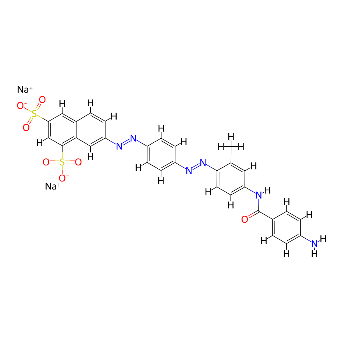 1,3-Naphthalenedisulfonic acid, 7-(2-(4-(2-(4-((4-aminobenzoyl)amino)-2-methylphenyl)diazenyl)phenyl)diazenyl)-, sodium salt (1:2) molecular structure, CAS 79793-03-6
