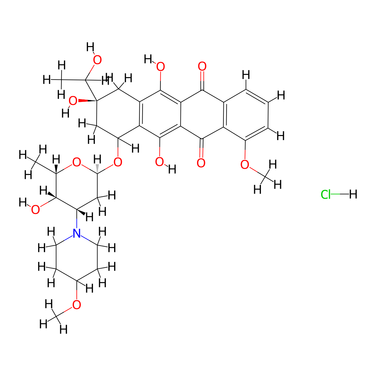 5,12-Naphthacenedione, 7,8,9,10-tetrahydro-6,8,11-trihydroxy-8-(1-hydroxyethyl)-1-methoxy-10-((2,3,6-trideoxy-3-(4-methoxy-1-piperidinyl)-alpha-L-lyxo-hexopyranosyl)oxy)-, hydrochloride molecular structure, CAS 79898-08-1