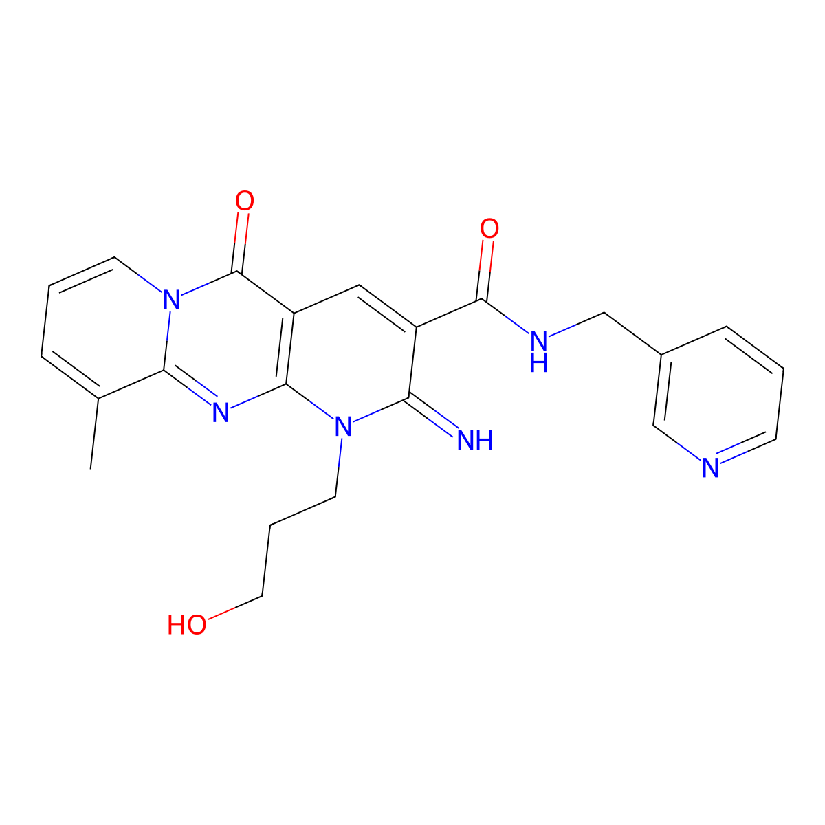 1-(3-hydroxypropyl)-2-imino-10-methyl-5-oxo-N-(pyridin-3-ylmethyl)-1,5-dihydro-2H-dipyrido[1,2-a:2',3'-d]pyrimidine-3-carboxamide molecular structure, CAS 799250-96-7