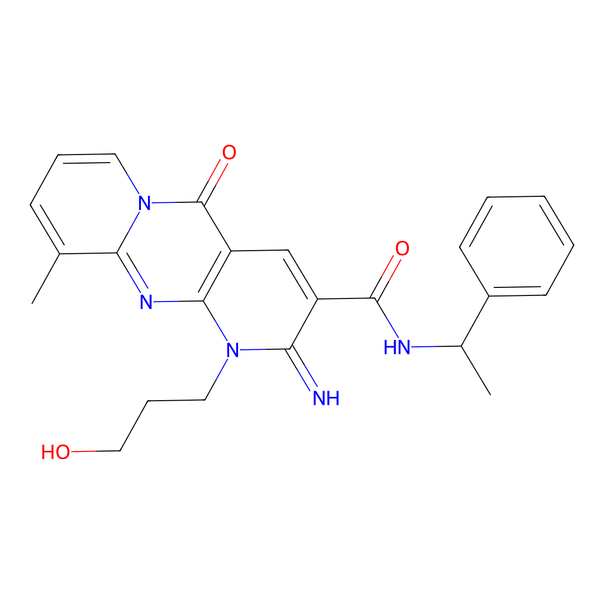 1-(3-hydroxypropyl)-2-imino-10-methyl-5-oxo-N-(1-phenylethyl)-1,5-dihydro-2H-dipyrido[1,2-a:2',3'-d]pyrimidine-3-carboxamide molecular structure, CAS 799250-98-9