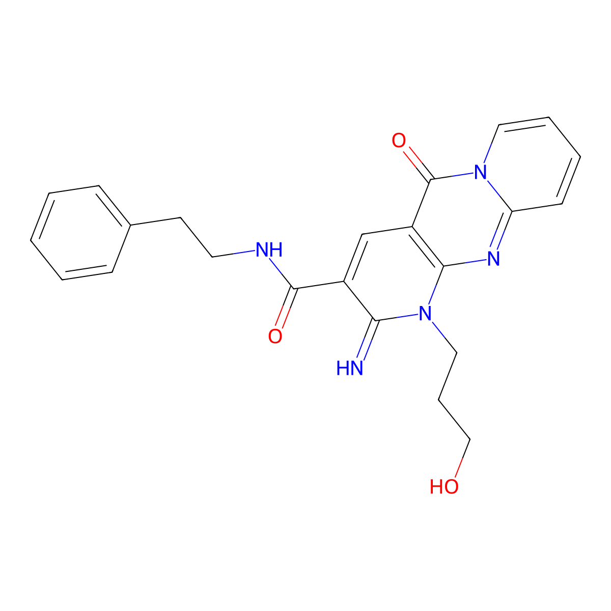 7-(3-hydroxypropyl)-6-imino-2-oxo-N-(2-phenylethyl)-1,7,9-triazatricyclo[8.4.0.0^{3,8}]tetradeca-3(8),4,9,11,13-pentaene-5-carboxamide molecular structure, CAS 799250-99-0