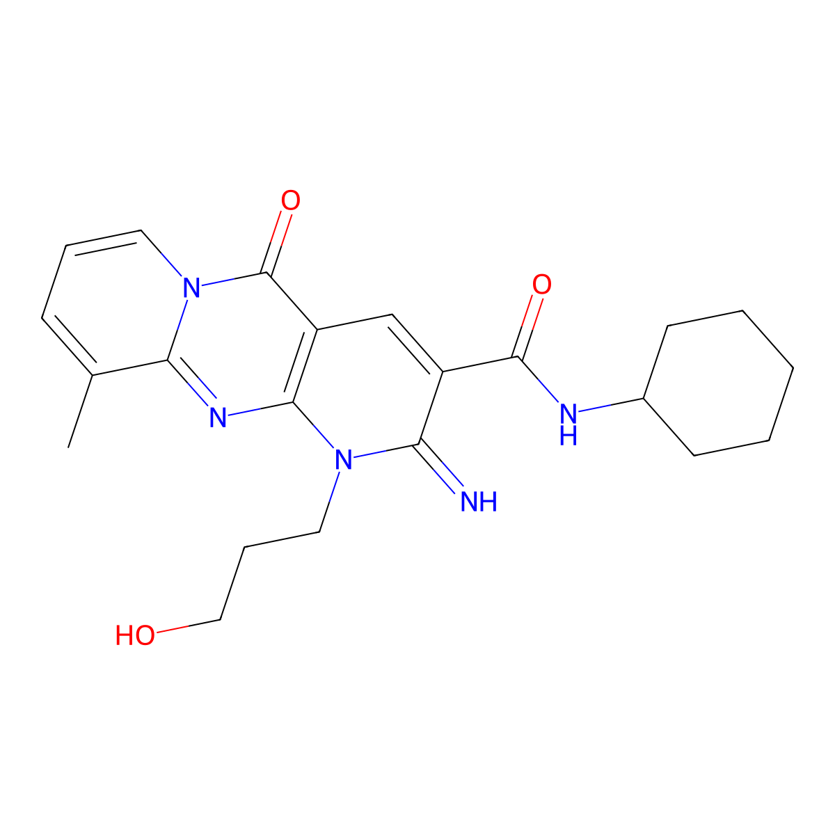 N-cyclohexyl-7-(3-hydroxypropyl)-6-imino-11-methyl-2-oxo-1,7,9-triazatricyclo[8.4.0.0^{3,8}]tetradeca-3(8),4,9,11,13-pentaene-5-carboxamide molecular structure, CAS 799251-00-6