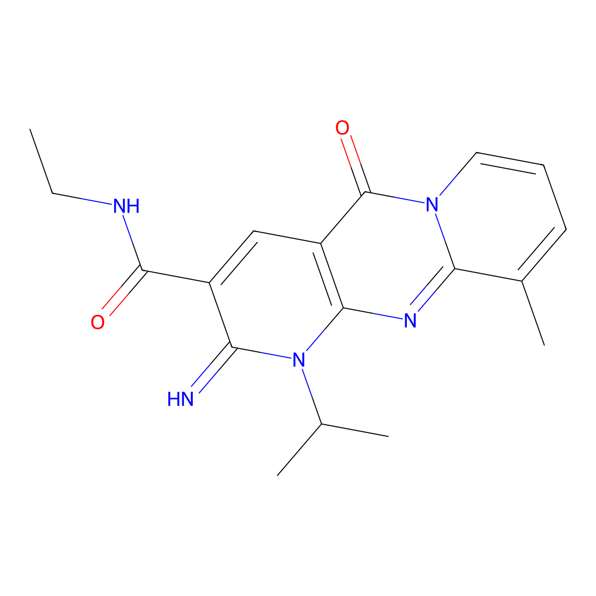 N-ethyl-6-imino-11-methyl-2-oxo-7-(propan-2-yl)-1,7,9-triazatricyclo[8.4.0.0^{3,8}]tetradeca-3(8),4,9,11,13-pentaene-5-carboxamide molecular structure, CAS 799251-04-0