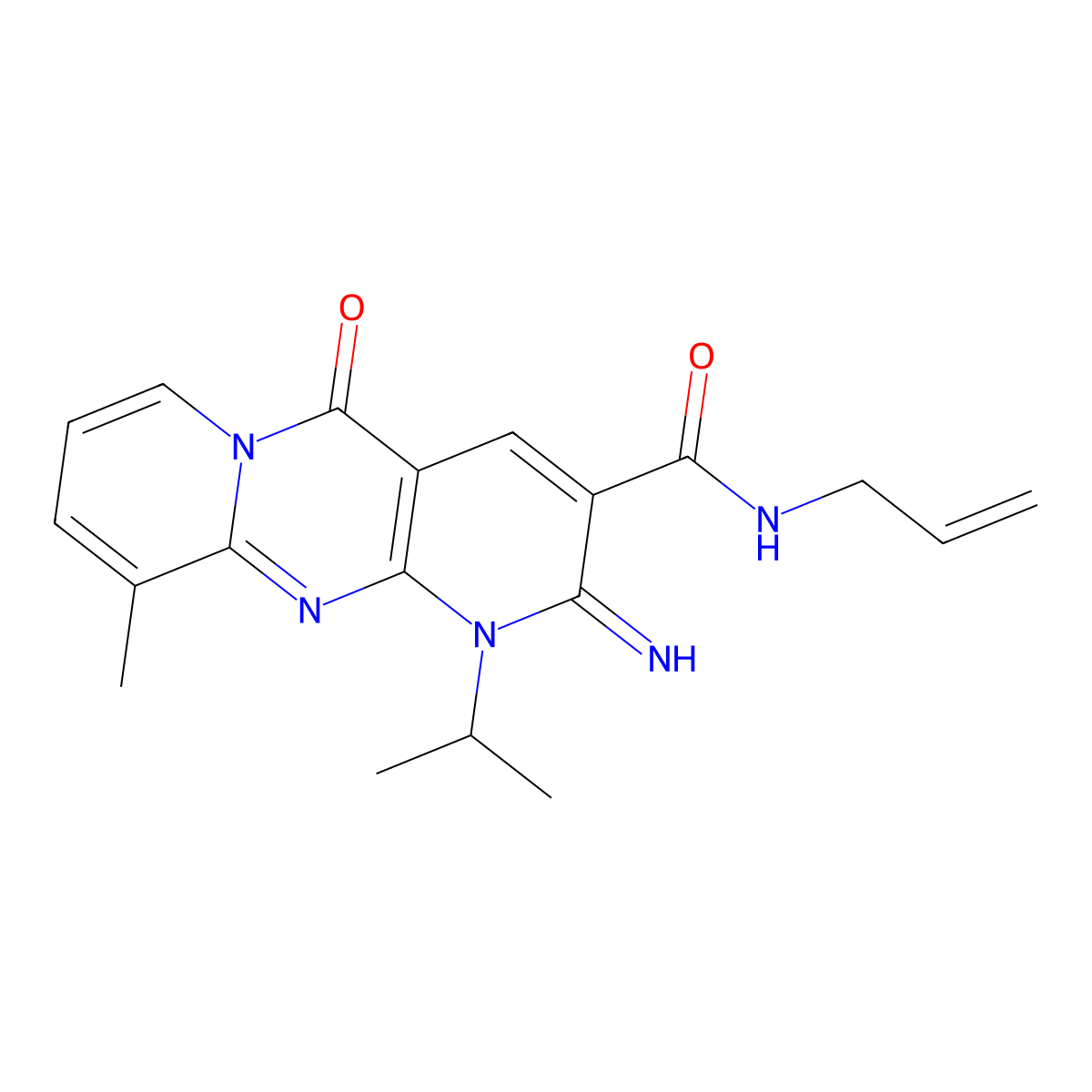 6-imino-11-methyl-2-oxo-N-(prop-2-en-1-yl)-7-(propan-2-yl)-1,7,9-triazatricyclo[8.4.0.0^{3,8}]tetradeca-3(8),4,9,11,13-pentaene-5-carboxamide molecular structure, CAS 799251-06-2