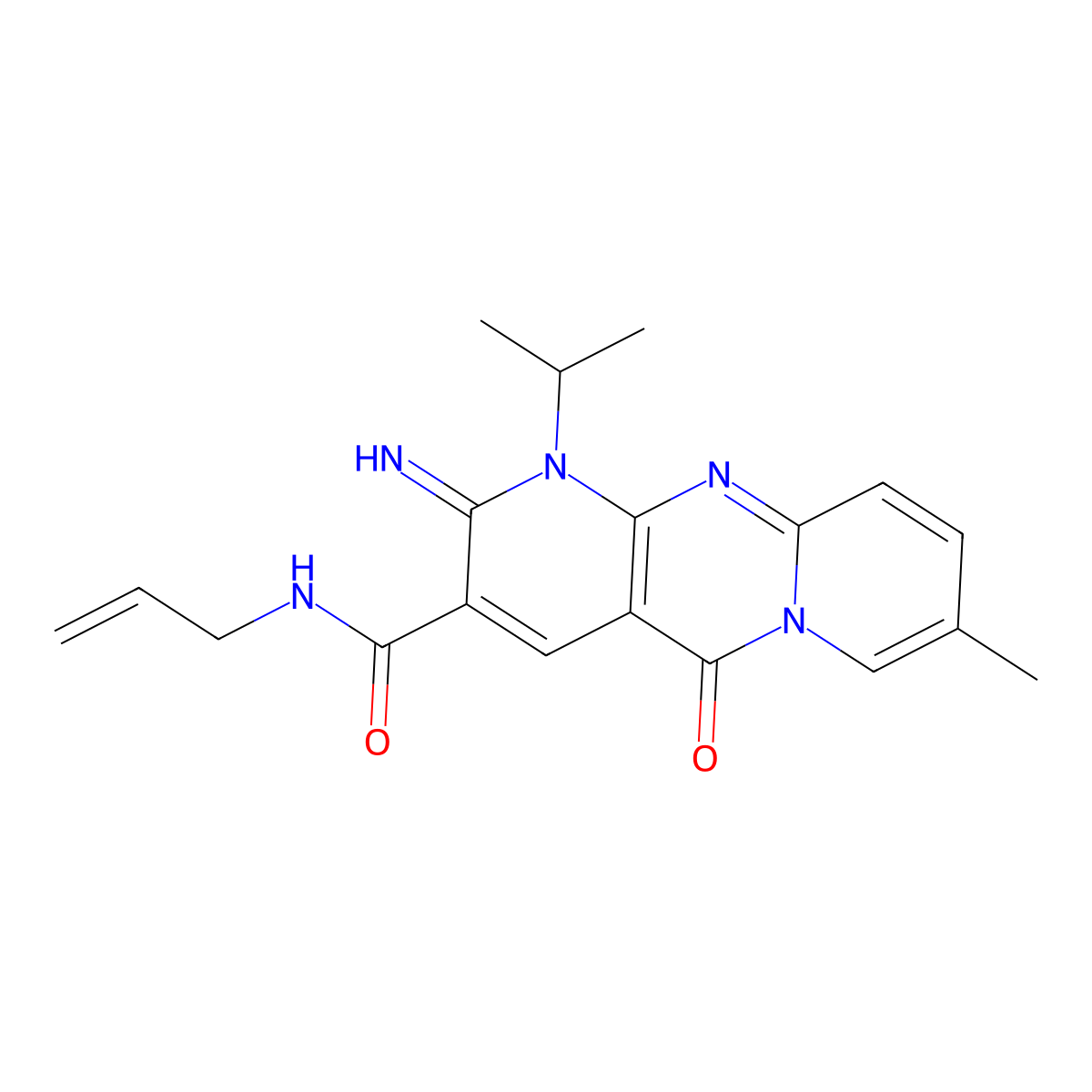 6-imino-13-methyl-2-oxo-N-(prop-2-en-1-yl)-7-(propan-2-yl)-1,7,9-triazatricyclo[8.4.0.0^{3,8}]tetradeca-3(8),4,9,11,13-pentaene-5-carboxamide molecular structure, CAS 799251-07-3