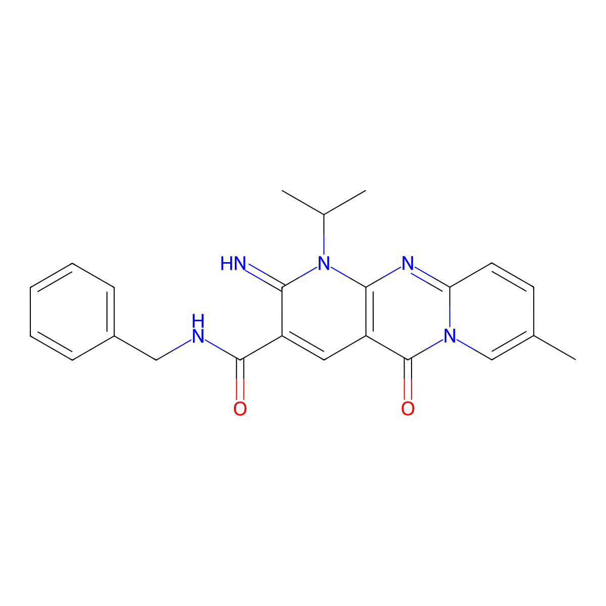 N-benzyl-6-imino-13-methyl-2-oxo-7-(propan-2-yl)-1,7,9-triazatricyclo[8.4.0.0^{3,8}]tetradeca-3(8),4,9,11,13-pentaene-5-carboxamide molecular structure, CAS 799251-10-8