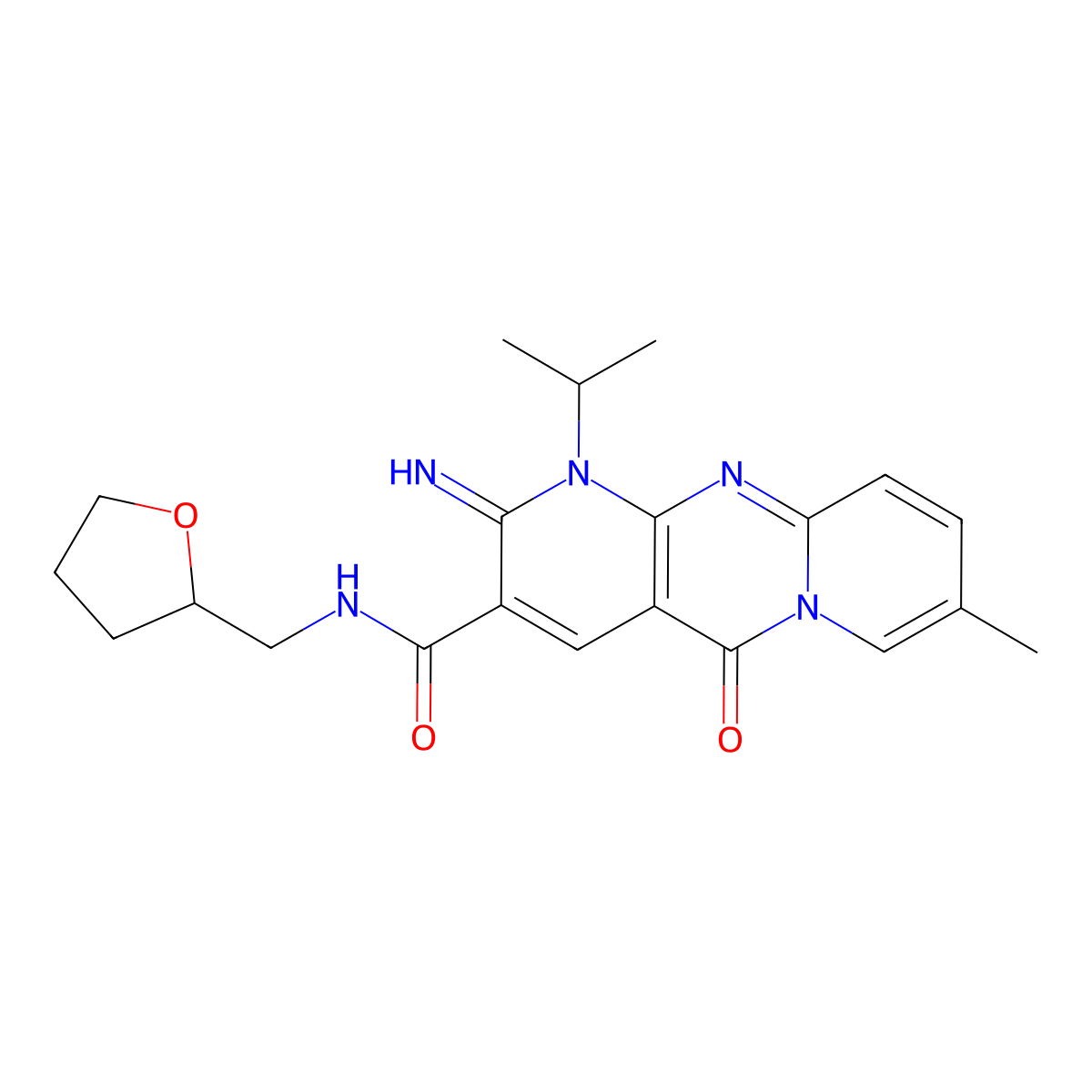 6-imino-13-methyl-2-oxo-N-[(oxolan-2-yl)methyl]-7-(propan-2-yl)-1,7,9-triazatricyclo[8.4.0.0^{3,8}]tetradeca-3(8),4,9,11,13-pentaene-5-carboxamide molecular structure, CAS 799251-13-1
