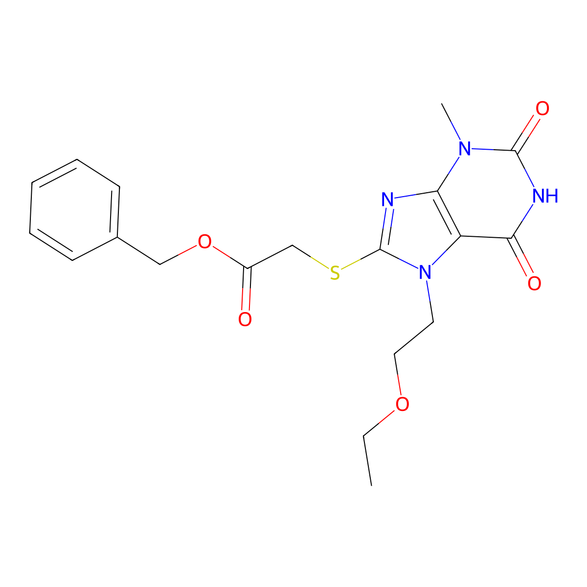Benzyl 2-[7-(2-ethoxyethyl)-3-methyl-2,6-dioxopurin-8-yl]sulfanylacetate molecular structure, CAS 799252-84-9