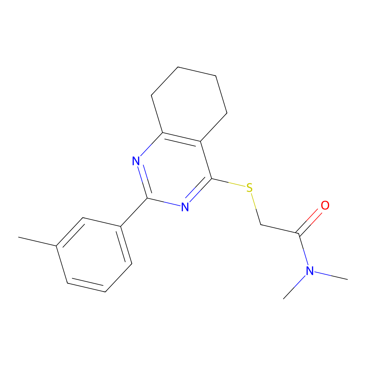 N,N-Dimethyl-2-(2-m-tolyl-5,6,7,8-tetrahydro-quinazolin-4-ylsulfanyl)-acetamide molecular structure, CAS 799256-17-0
