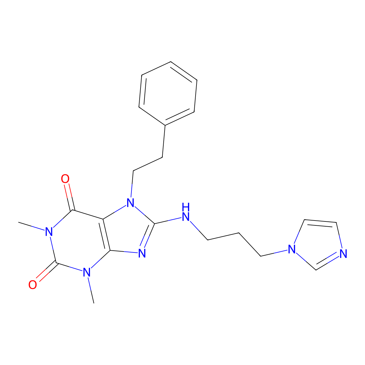 8-((3-(1H-imidazol-1-yl)propyl)amino)-1,3-dimethyl-7-phenethyl-1H-purine-2,6(3H,7H)-dione molecular structure, CAS 799258-00-7