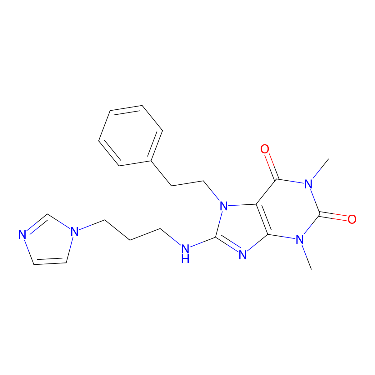 8-((3-(1H-imidazol-1-yl)propyl)amino)-1,3-dimethyl-7-phenethyl-1H-purine-2,6(3H,7H)-dione molecular structure, CAS 799258-00-7