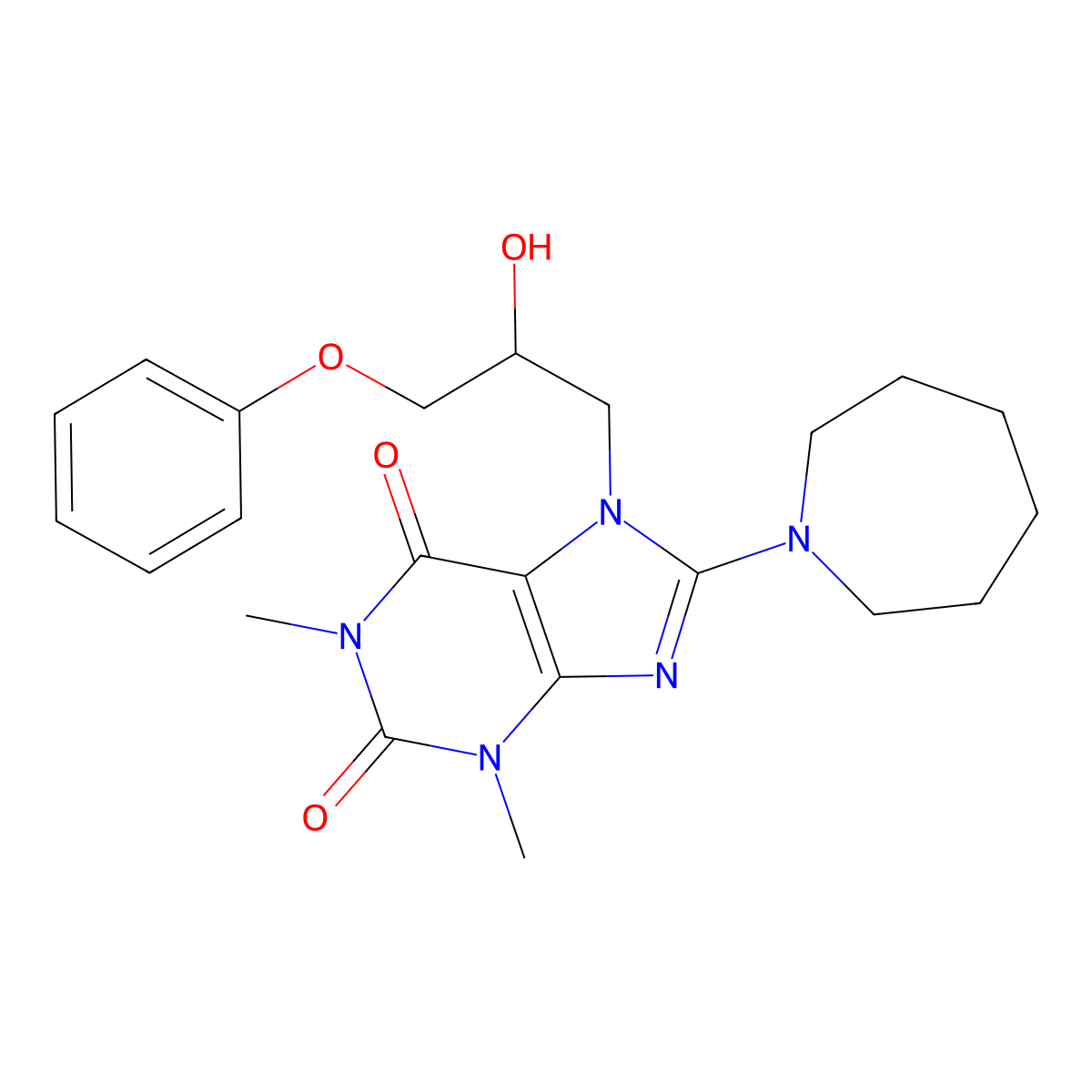 8-Azepan-1-yl-7-(2-hydroxy-3-phenoxy-propyl)-1,3-dimethyl-3,7-dihydro-purine-2,6-dione molecular structure, CAS 799258-01-8