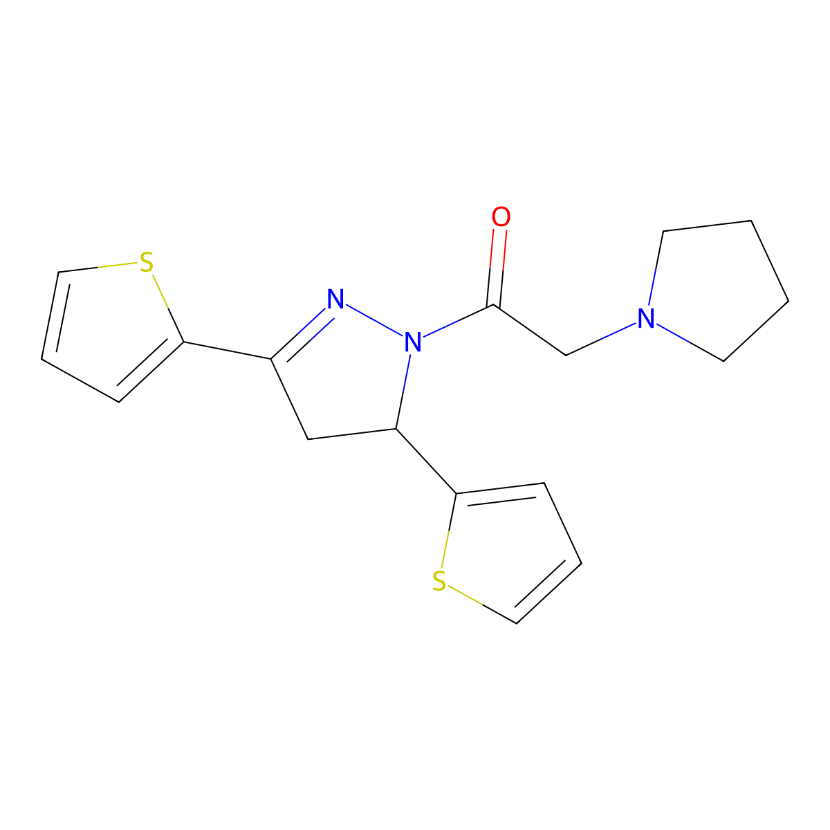1-(3,5-Dithiophen-2-yl-3,4-dihydropyrazol-2-yl)-2-pyrrolidin-1-ylethanone molecular structure, CAS 799258-20-1