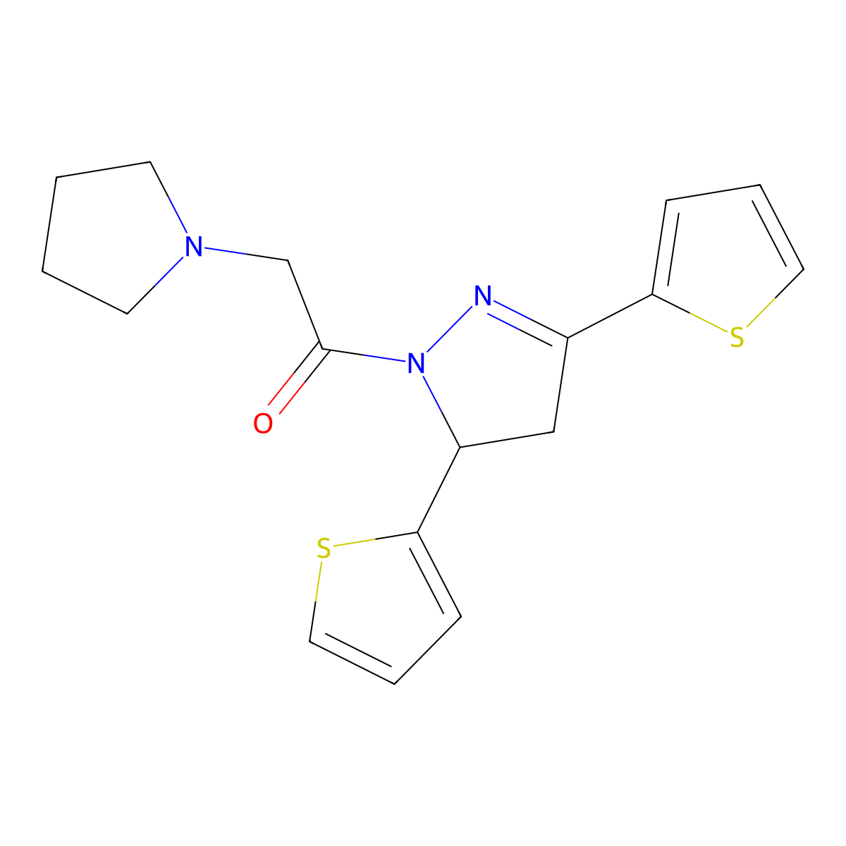 1-(3,5-Dithiophen-2-yl-3,4-dihydropyrazol-2-yl)-2-pyrrolidin-1-ylethanone molecular structure, CAS 799258-20-1