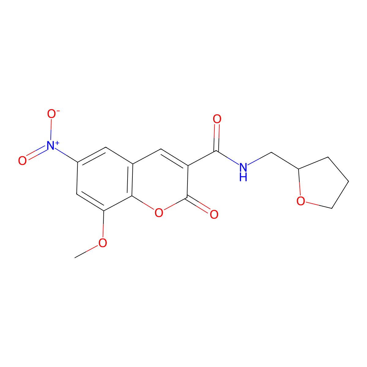 8-methoxy-6-nitro-2-oxo-N-((tetrahydrofuran-2-yl)methyl)-2H-chromene-3-carboxamide molecular structure, CAS 799259-12-4