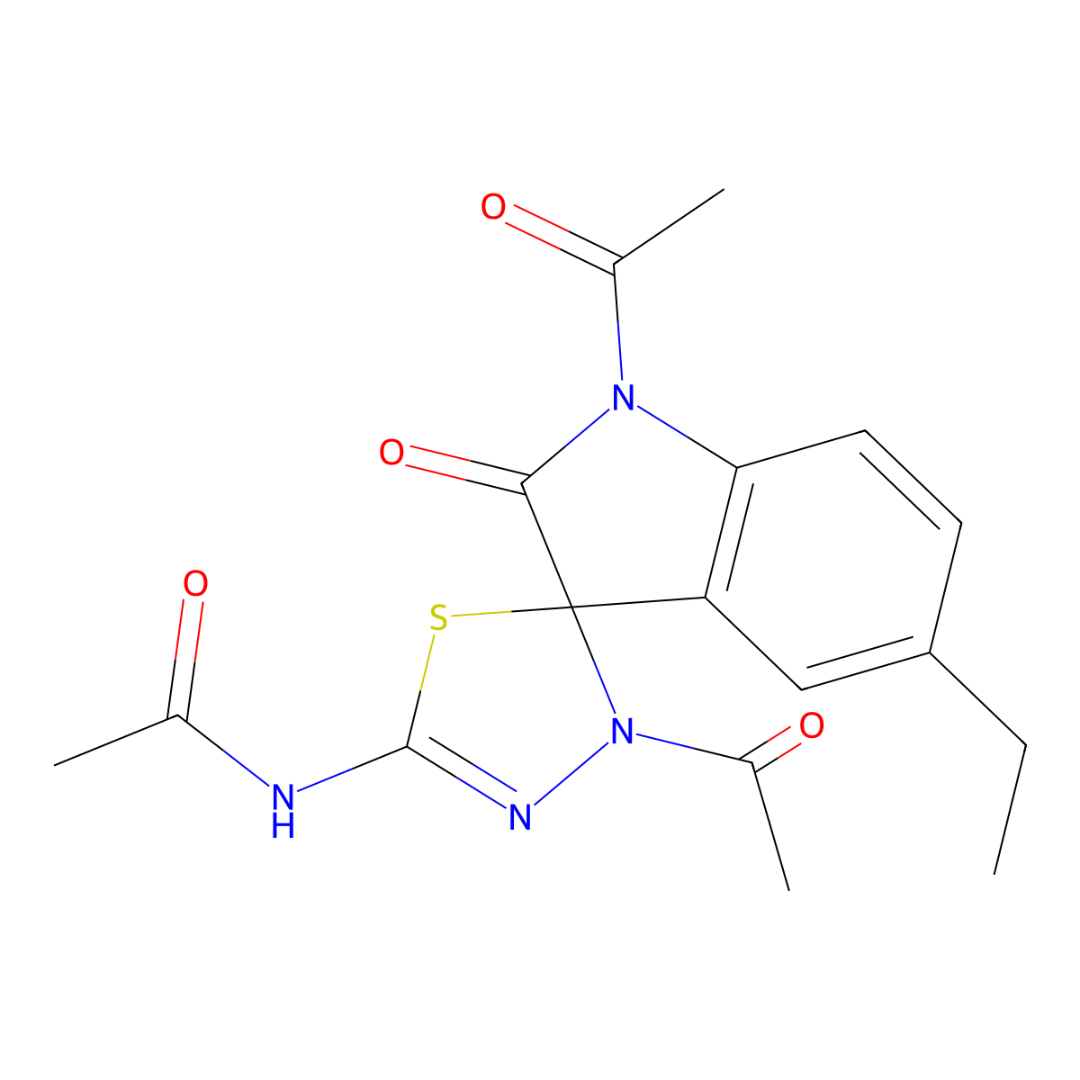 N-(1',4-diacetyl-5'-ethyl-2'-oxospiro[1,3,4-thiadiazole-5,3'-indole]-2-yl)acetamide molecular structure, CAS 799263-54-0