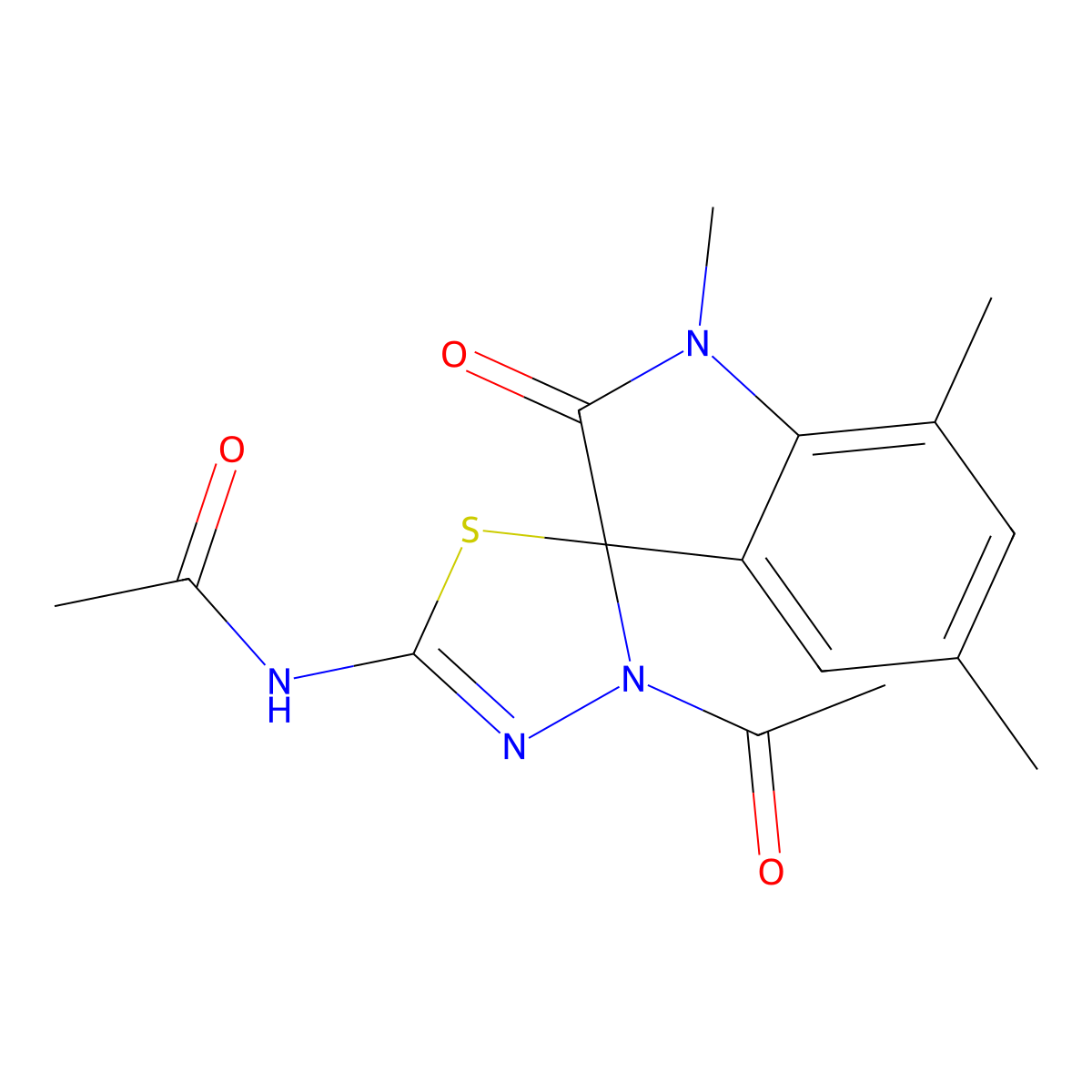 N-(4-acetyl-1',5',7'-trimethyl-2'-oxospiro[1,3,4-thiadiazole-5,3'-indole]-2-yl)acetamide molecular structure, CAS 799263-57-3