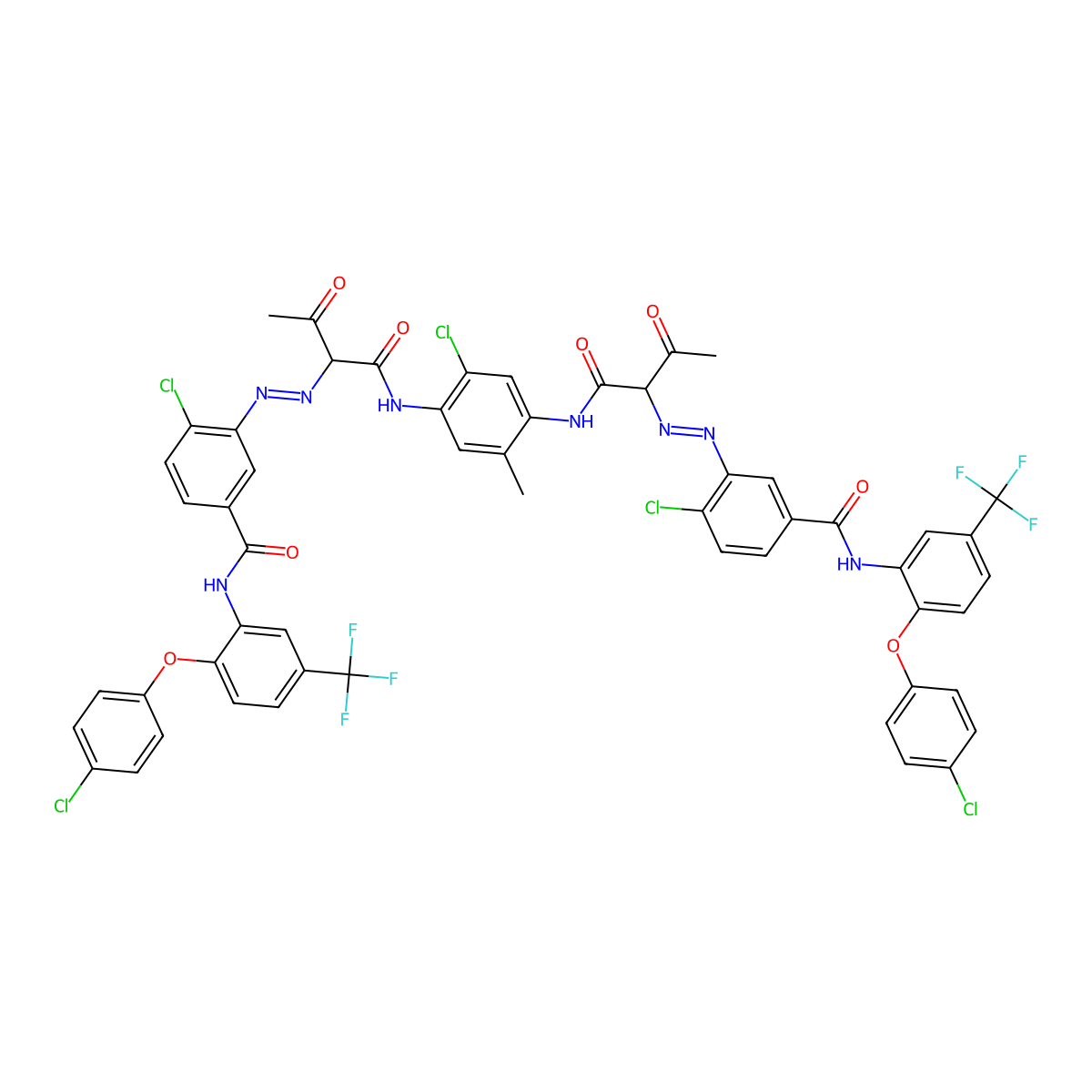 Benzamide, 3,3'-[(2-chloro-5-methyl-1,4-phenylene)bis[imino(1-acetyl-2-oxo-2,1-ethanediyl)-2,1-diazenediyl]]bis[4-chloro-N-[2-(4-chlorophenoxy)-5-(trifluoromethyl)phenyl]- molecular structure, CAS 79953-85-8