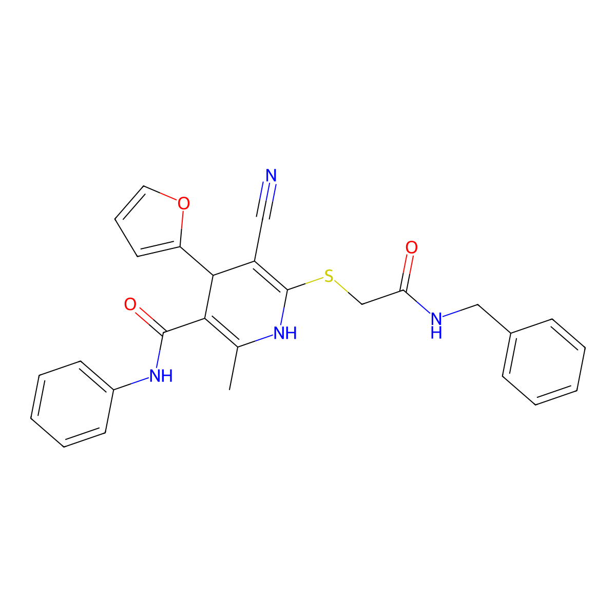6-((2-(benzylamino)-2-oxoethyl)thio)-5-cyano-4-(furan-2-yl)-2-methyl-N-phenyl-1,4-dihydropyridine-3-carboxamide molecular structure, CAS 799768-78-8
