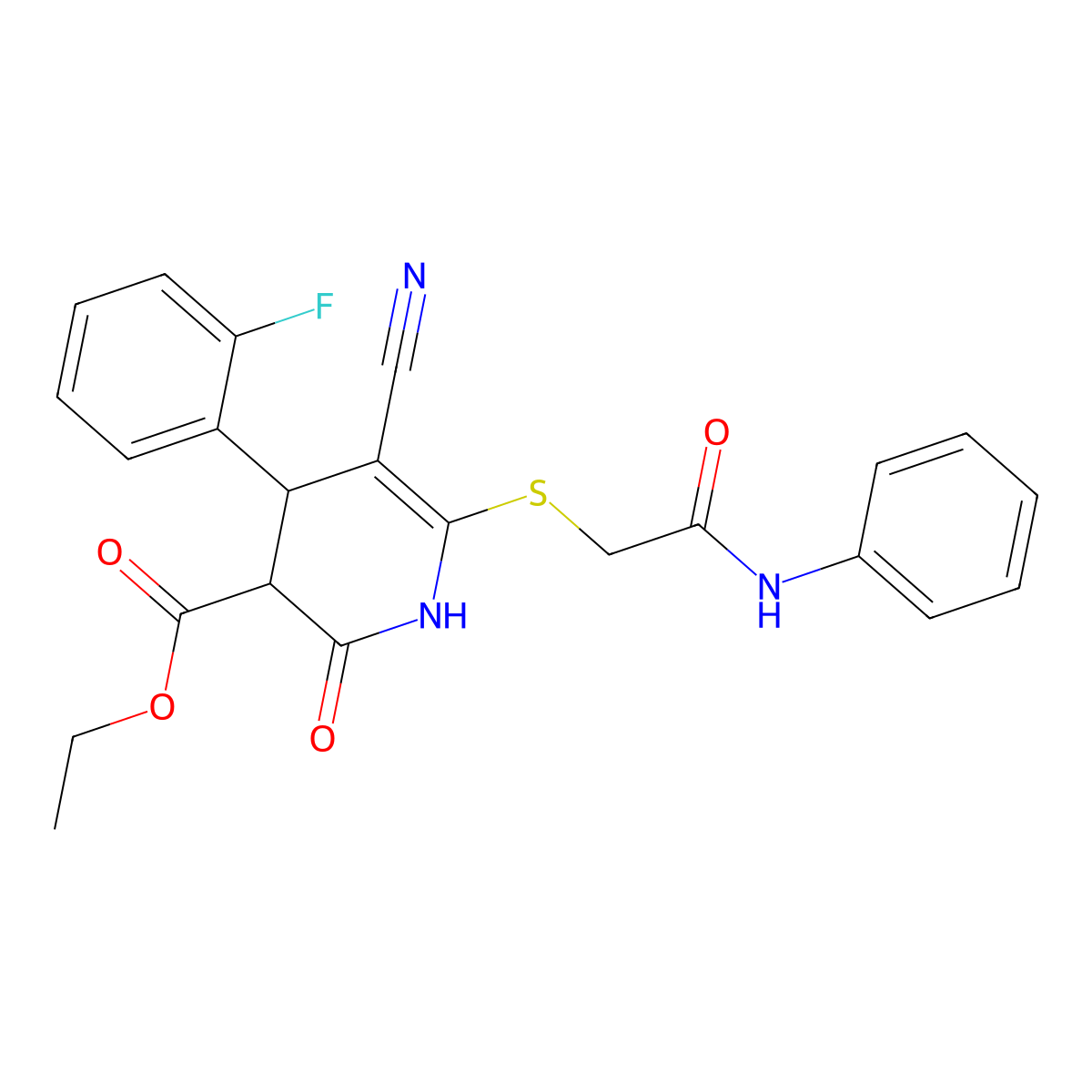 Ethyl 5-cyano-4-(2-fluorophenyl)-2-oxo-6-{[(phenylcarbamoyl)methyl]sulfanyl}-1,2,3,4-tetrahydropyridine-3-carboxylate molecular structure, CAS 799768-79-9