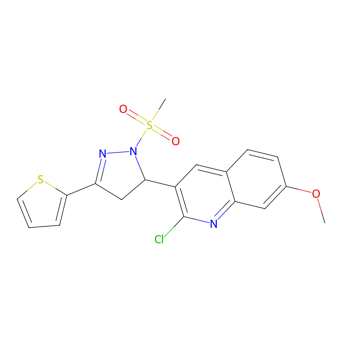 2-chloro-7-methoxy-3-(1-(methylsulfonyl)-3-(thiophen-2-yl)-4,5-dihydro-1H-pyrazol-5-yl)quinoline molecular structure, CAS 799771-01-0