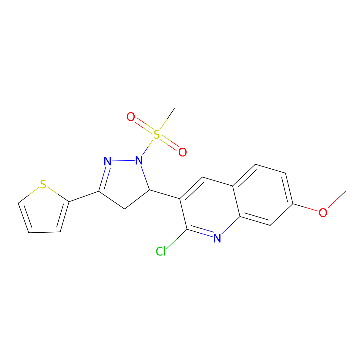 2-chloro-7-methoxy-3-(1-(methylsulfonyl)-3-(thiophen-2-yl)-4,5-dihydro-1H-pyrazol-5-yl)quinoline molecular structure, CAS 799771-01-0