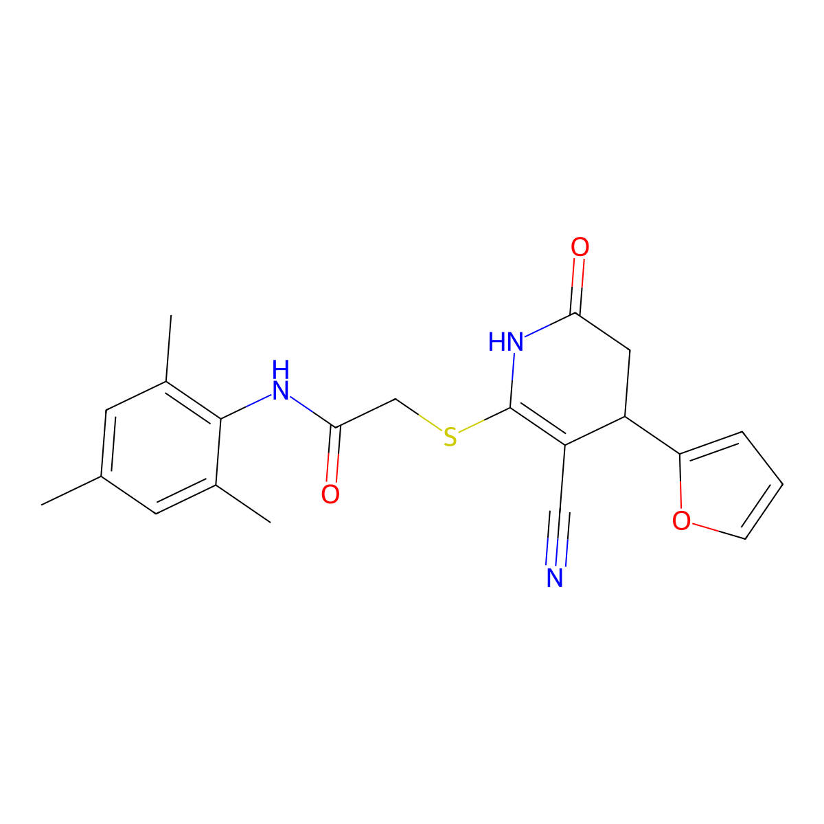 2-((3-cyano-4-(furan-2-yl)-6-oxo-1,4,5,6-tetrahydropyridin-2-yl)thio)-N-mesitylacetamide molecular structure, CAS 799771-37-2