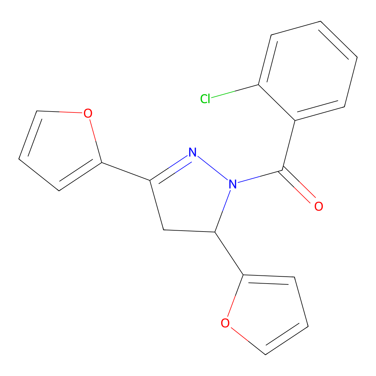 [3,5-Bis(furan-2-yl)-3,4-dihydropyrazol-2-yl]-(2-chlorophenyl)methanone molecular structure, CAS 799772-85-3