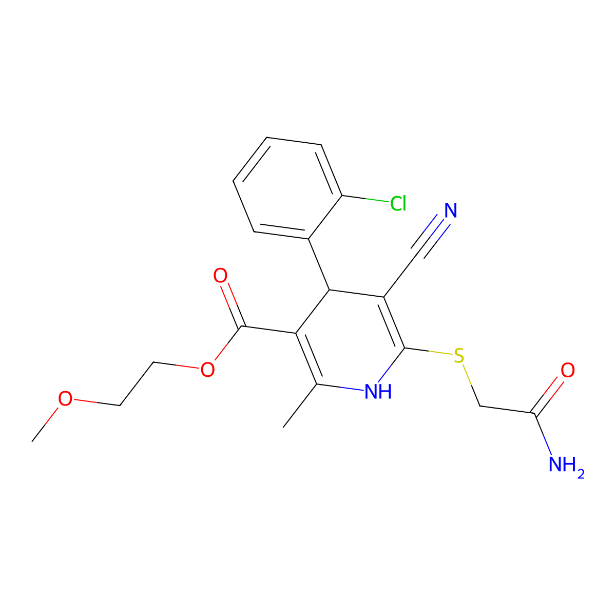 2-Methoxyethyl 6-((2-amino-2-oxoethyl)thio)-4-(2-chlorophenyl)-5-cyano-2-methyl-1,4-dihydropyridine-3-carboxylate molecular structure, CAS 799772-90-0