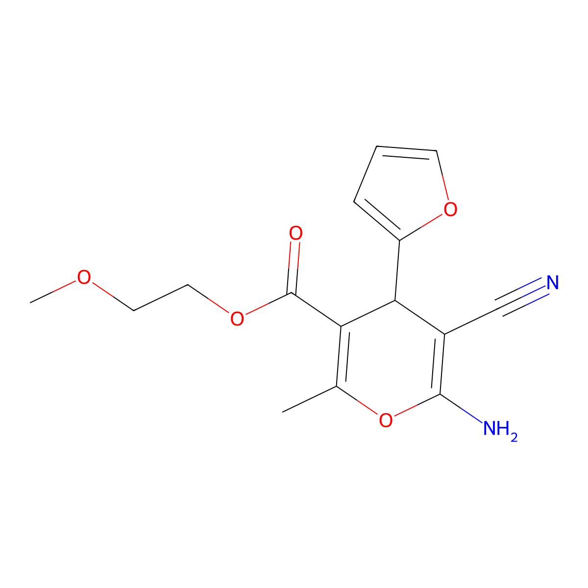 2-methoxyethyl 6-amino-5-cyano-4-(furan-2-yl)-2-methyl-4H-pyran-3-carboxylate molecular structure, CAS 799776-42-4