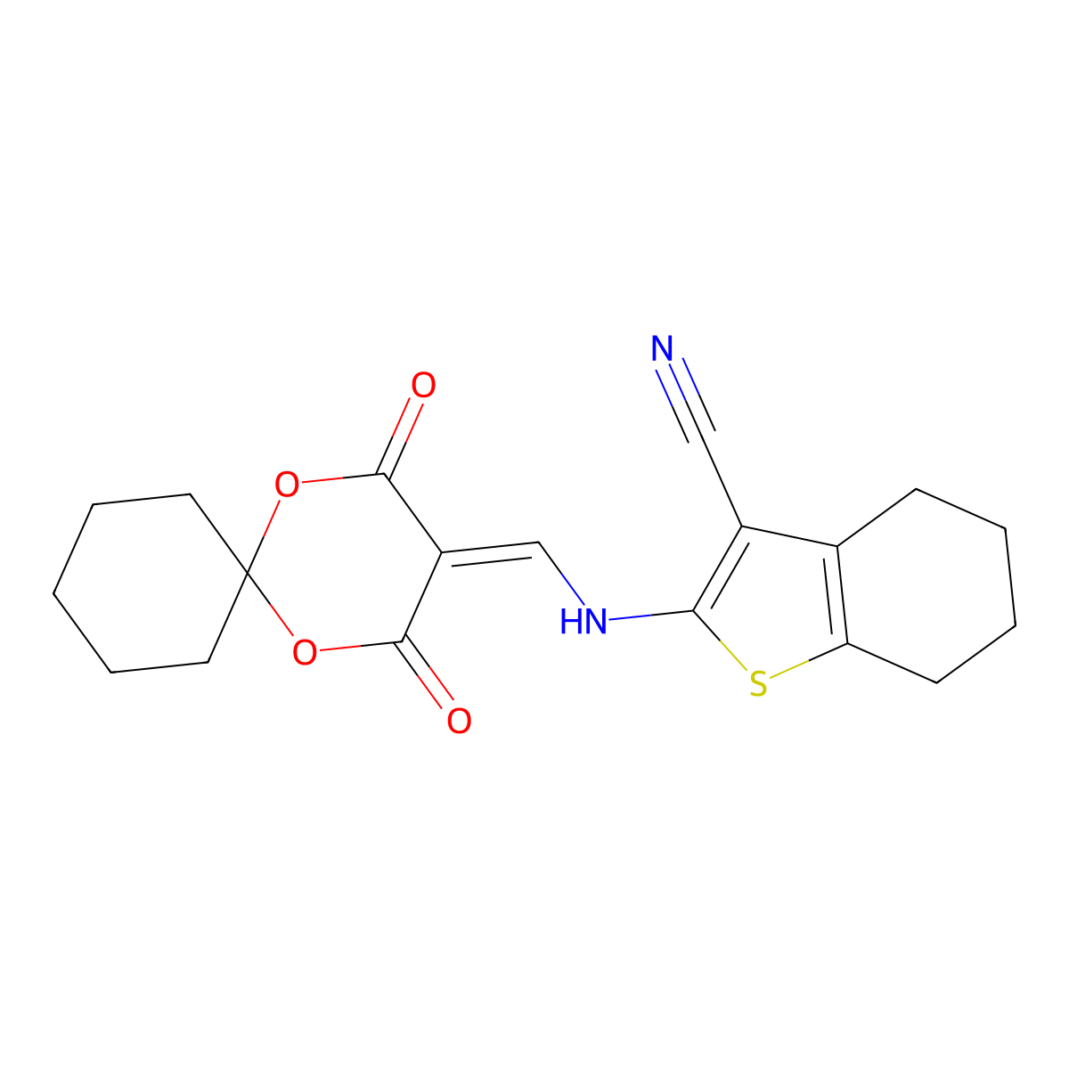 2-(((2,4-Dioxo-1,5-dioxaspiro[5.5]undecan-3-ylidene)methyl)amino)-4,5,6,7-tetrahydrobenzo[b]thiophene-3-carbonitrile molecular structure, CAS 799778-13-5