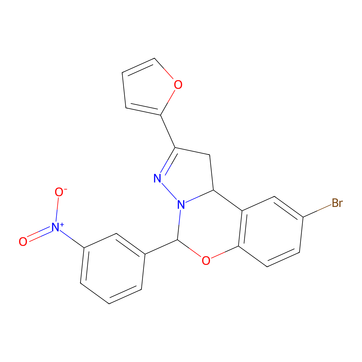 9-Bromo-2-(furan-2-yl)-5-(3-nitrophenyl)-5,10b-dihydro-1H-benzo[e]pyrazolo[1,5-c][1,3]oxazine molecular structure, CAS 799779-27-4