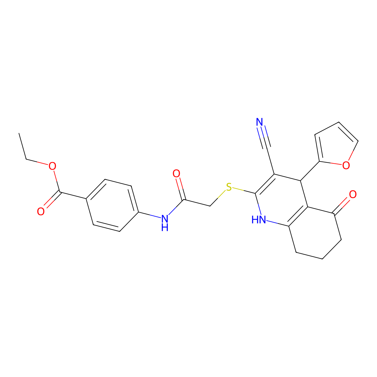 Ethyl 4-[({[3-cyano-4-(furan-2-yl)-5-hydroxy-4,6,7,8-tetrahydroquinolin-2-yl]sulfanyl}acetyl)amino]benzoate molecular structure, CAS 799781-53-6