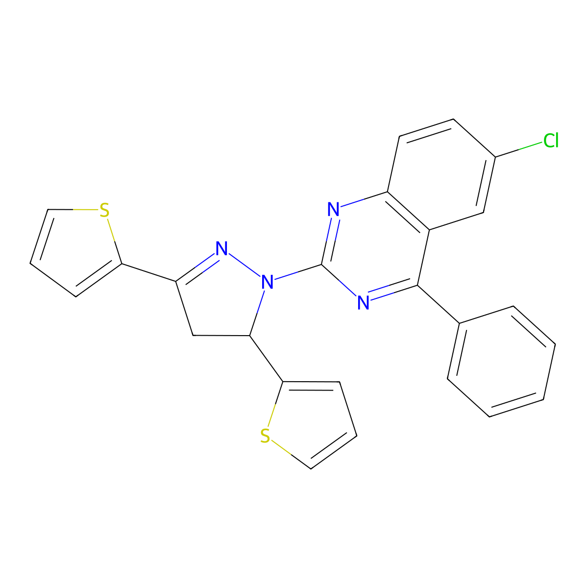 6-chloro-2-(3,5-di(thiophen-2-yl)-4,5-dihydro-1H-pyrazol-1-yl)-4-phenylquinazoline molecular structure, CAS 799782-32-4