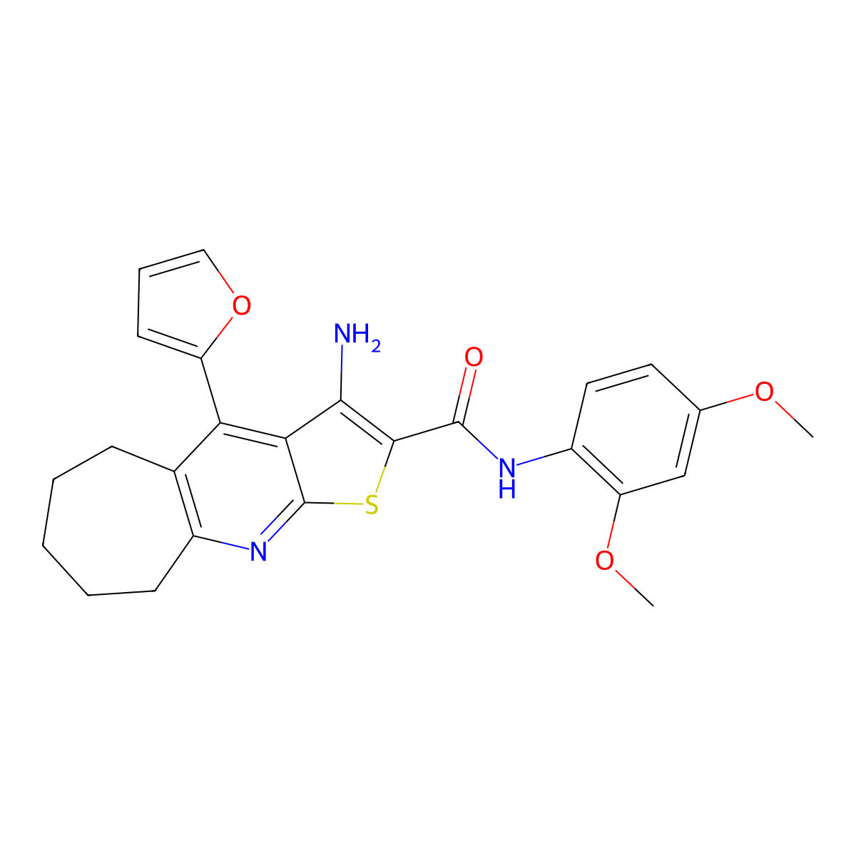3-amino-N-(2,4-dimethoxyphenyl)-4-(furan-2-yl)-6,7,8,9-tetrahydro-5H-cyclohepta[b]thieno[3,2-e]pyridine-2-carboxamide molecular structure, CAS 799782-50-6