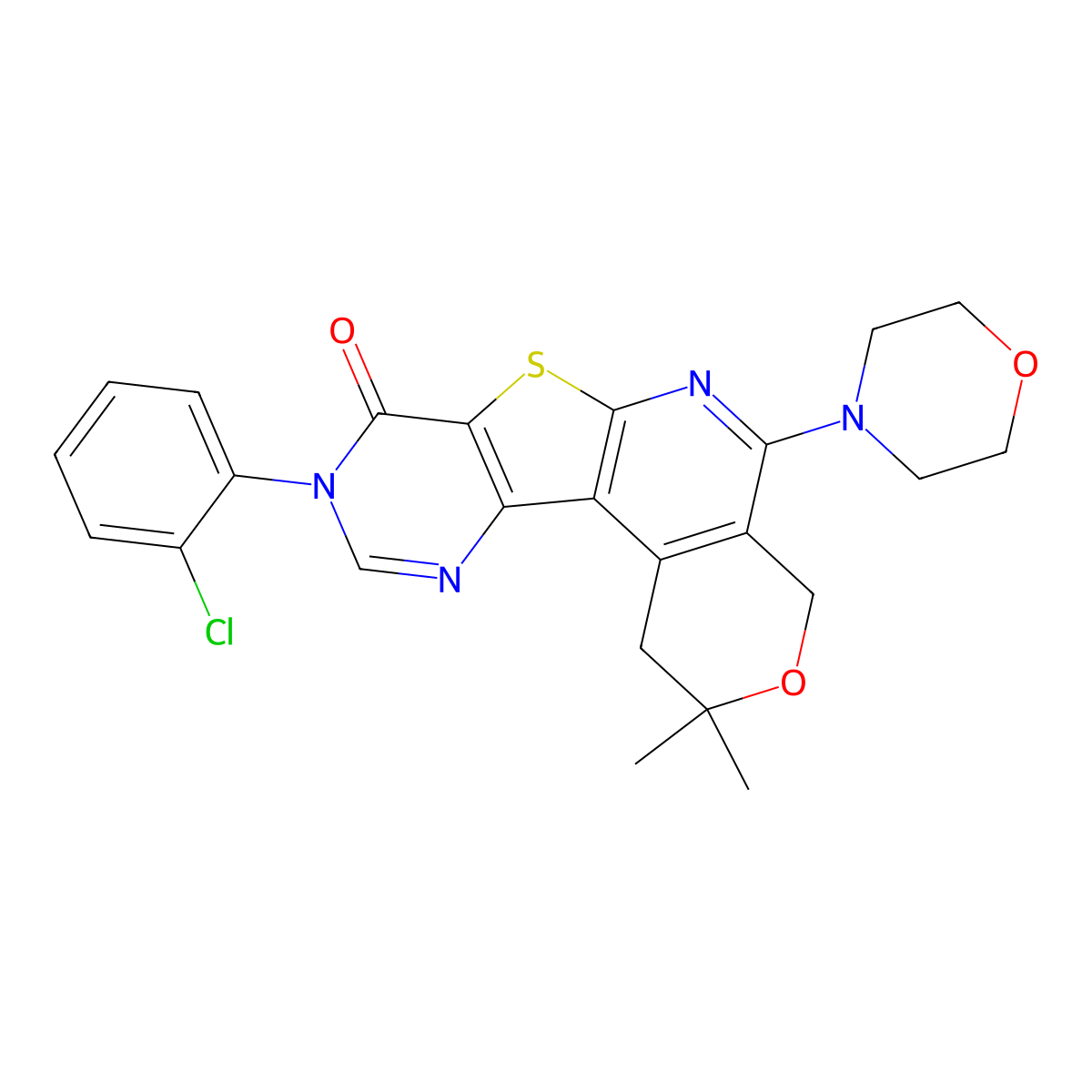 9-(2-chlorophenyl)-2,2-dimethyl-5-morpholino-4,9-dihydro-1H-pyrano[4'',3'':4',5']pyrido[3',2':4,5]thieno[3,2-d]pyrimidin-8(2H)-one molecular structure, CAS 799783-74-7