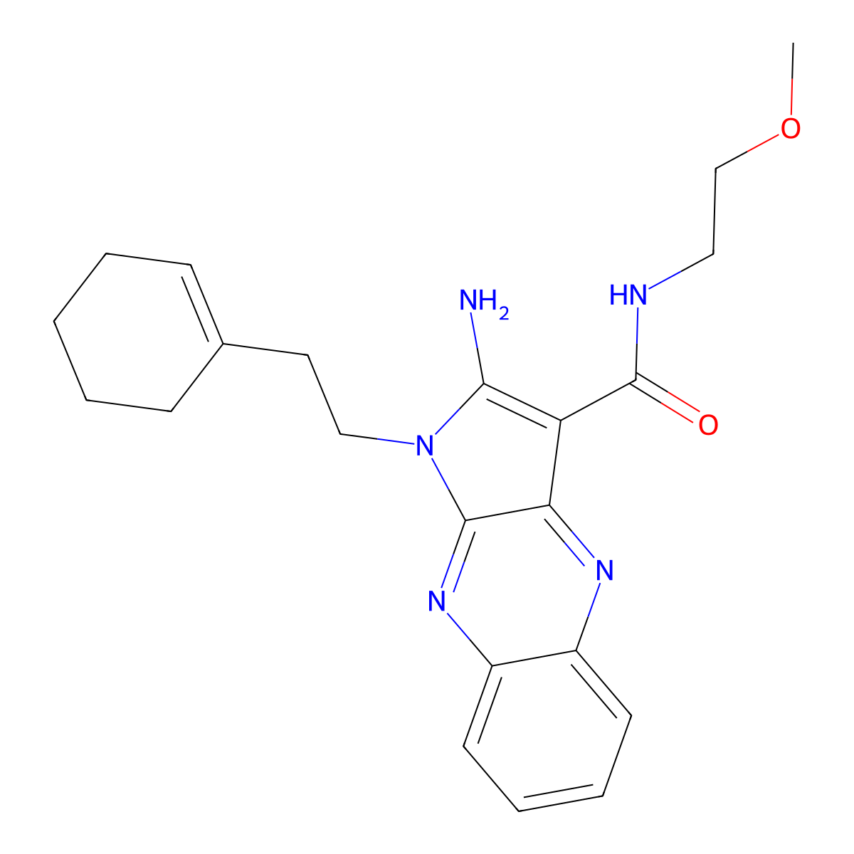 2-amino-1-[2-(cyclohexen-1-yl)ethyl]-N-(2-methoxyethyl)pyrrolo[3,2-b]quinoxaline-3-carboxamide molecular structure, CAS 799784-14-8