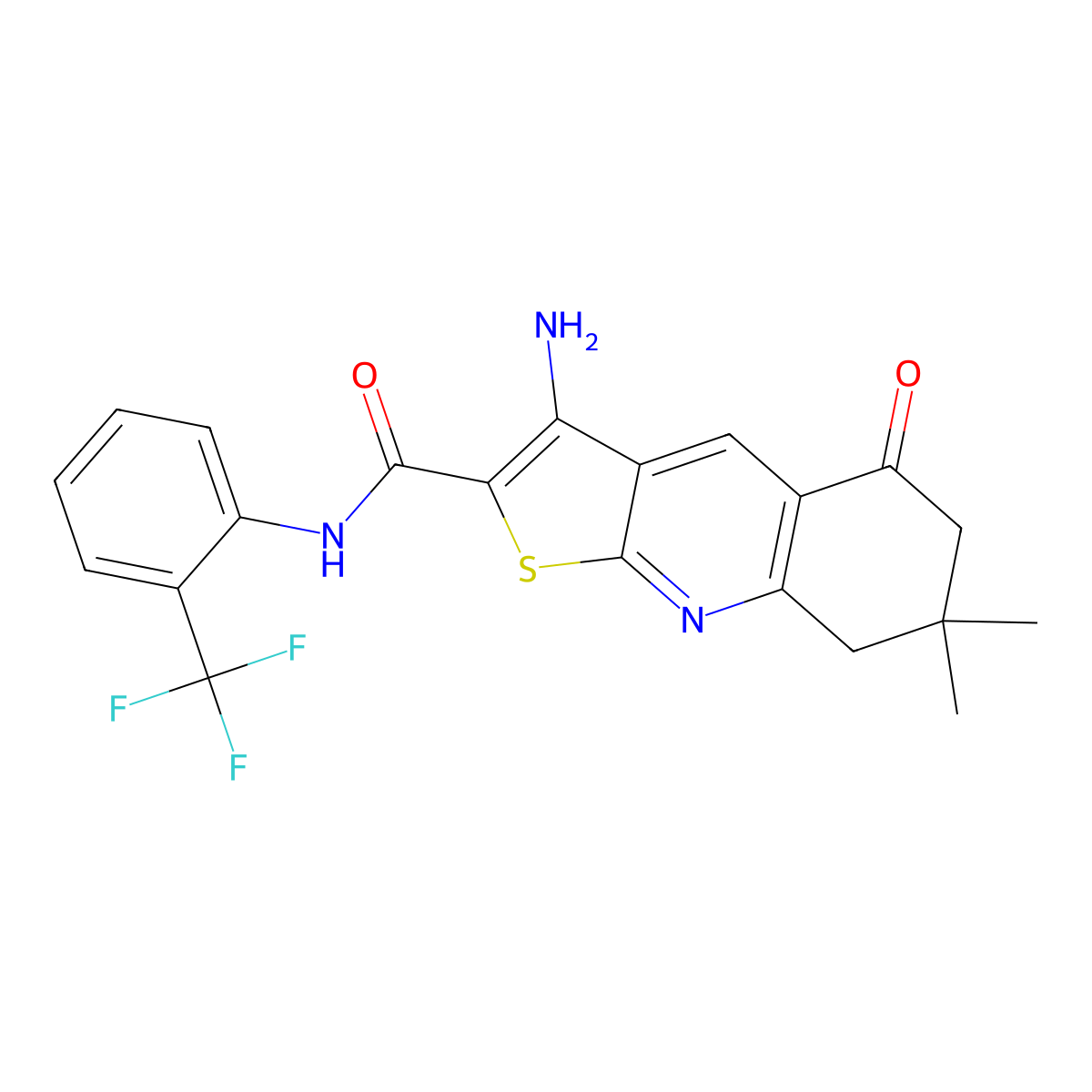 3-amino-7,7-dimethyl-5-oxo-N-(2-(trifluoromethyl)phenyl)-5,6,7,8-tetrahydrothieno[2,3-b]quinoline-2-carboxamide molecular structure, CAS 799784-93-3