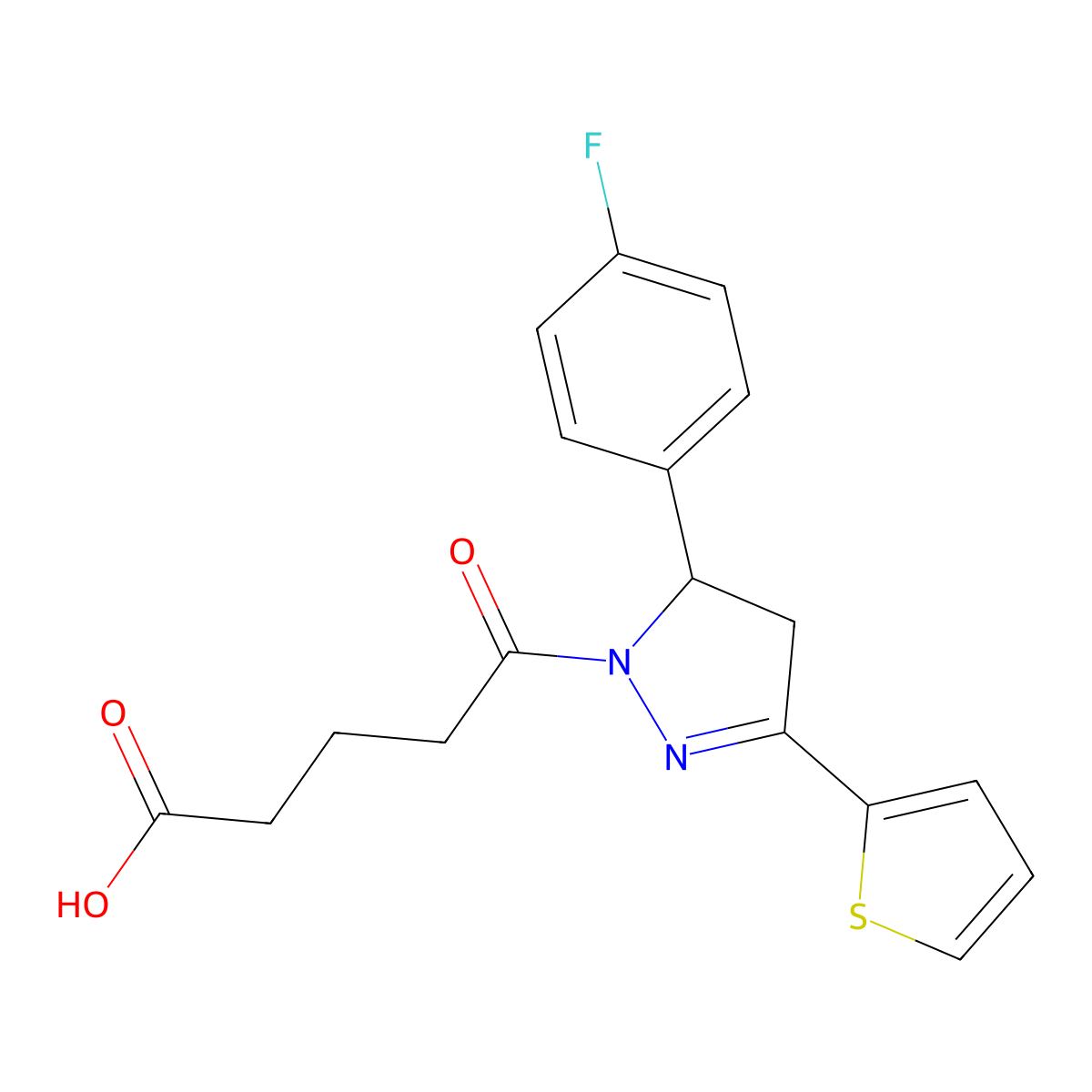5-[3-(4-Fluorophenyl)-5-thiophen-2-yl-3,4-dihydropyrazol-2-yl]-5-oxopentanoic acid molecular structure, CAS 799785-81-2