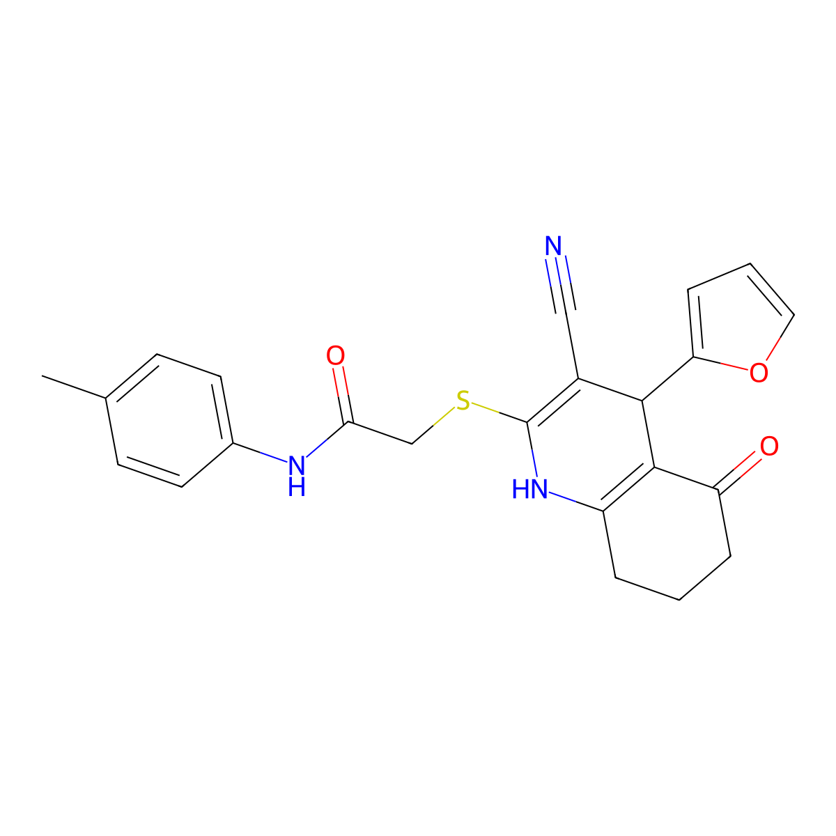 2-{[3-cyano-4-(furan-2-yl)-5-oxo-1,4,5,6,7,8-hexahydroquinolin-2-yl]sulfanyl}-N-(4-methylphenyl)acetamide molecular structure, CAS 799793-27-4