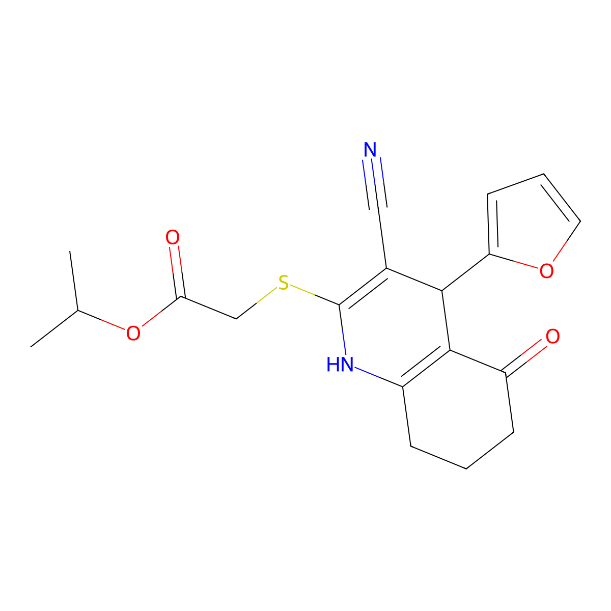 Isopropyl 2-((3-cyano-4-(furan-2-yl)-5-oxo-1,4,5,6,7,8-hexahydroquinolin-2-yl)thio)acetate molecular structure, CAS 799795-16-7