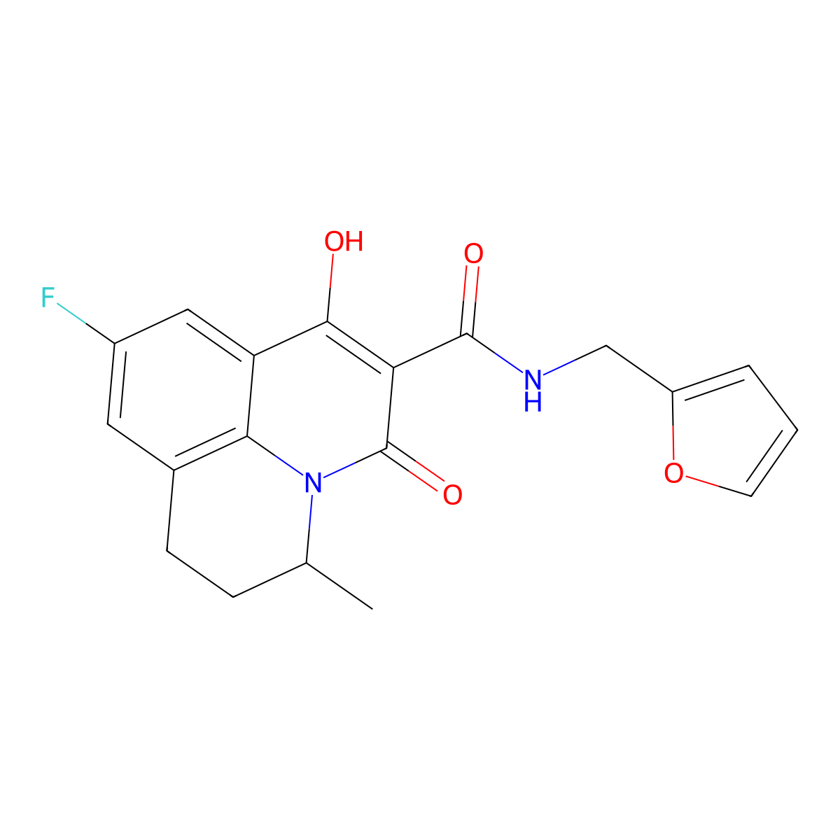 9-fluoro-N-(furan-2-ylmethyl)-1-hydroxy-5-methyl-3-oxo-3,5,6,7-tetrahydropyrido[3,2,1-ij]quinoline-2-carboxamide molecular structure, CAS 799796-04-6